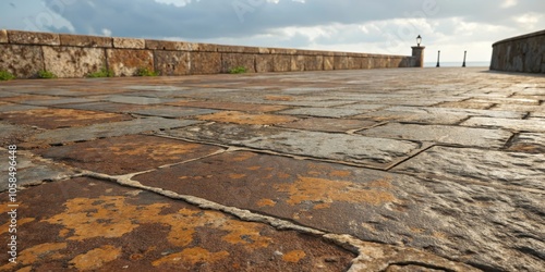 A Low Angle View of a Stone Pathway Leading Towards the Sea with a Single Lamp Post in the Distance