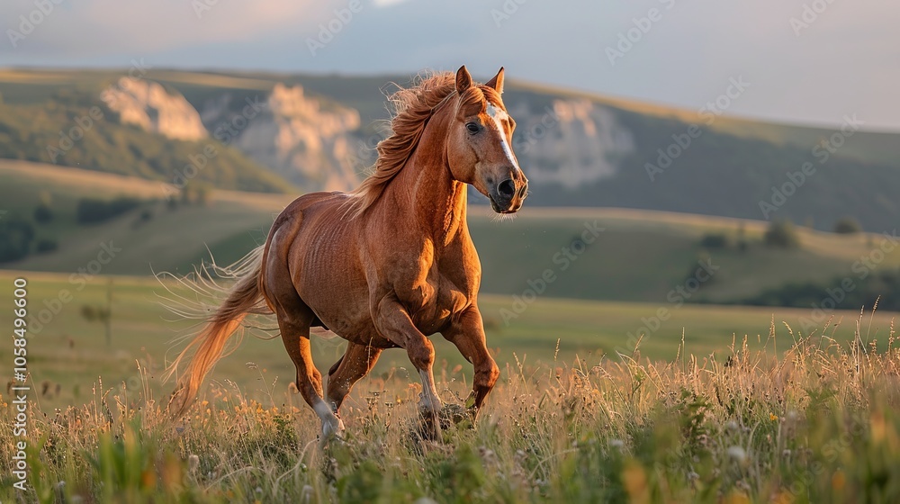 Stunning Golden Horse Running Through Grass Field at Sunset Stunning Golden Horse Running Through Grass Field at Sunset