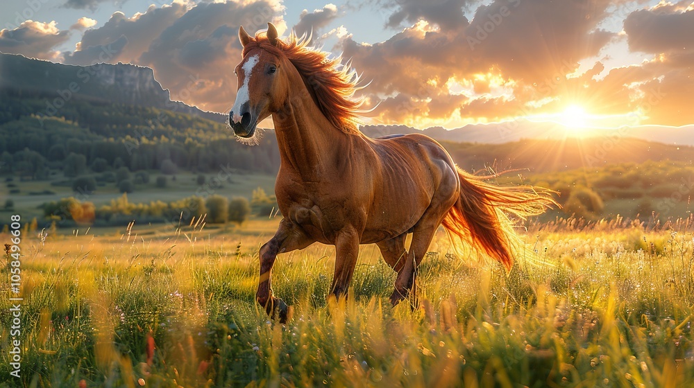 Majestic Horse Running Through Field at Sunset Majestic Horse Running Through Field at Sunset