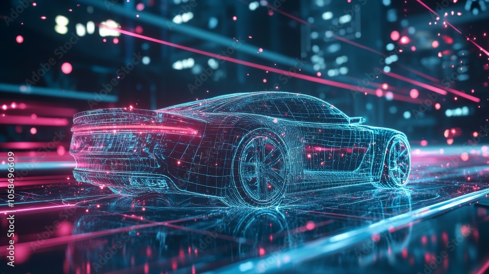 holographic vehicle projection, intricate connection points, floating particle effect, cyberpunk aesthetic, automotive technology illustration holographic vehicle projection, intricate connection points, floating particle effect, cyberpunk aesthetic, automotive technology illustration