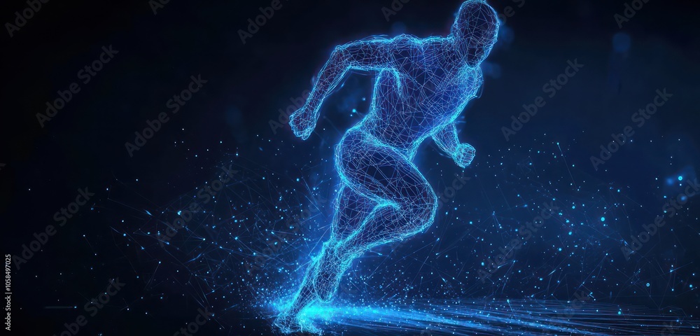 Running athlete in digital blue glowing wireframe against a dark background for training. Running athlete in digital blue glowing wireframe against a dark background for training.
