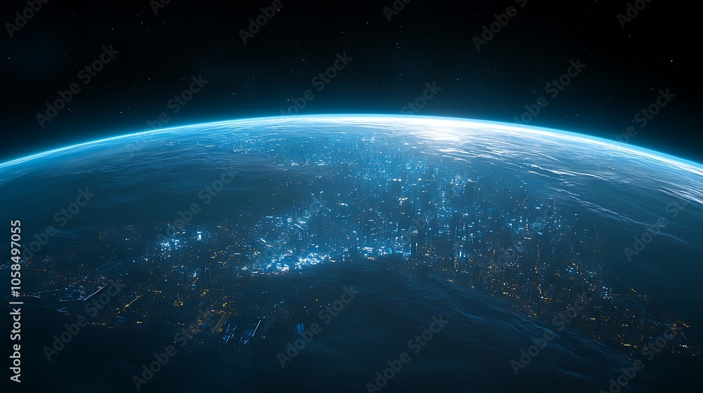 Obraz premium Futuristic Cityscape on a Blue Planet Smooth Blue Background with Copy Space for Advertisements