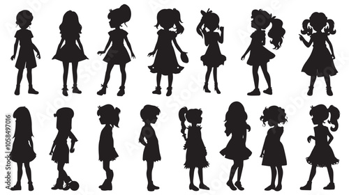  Collection of children silhouettes girls set, vector illustration