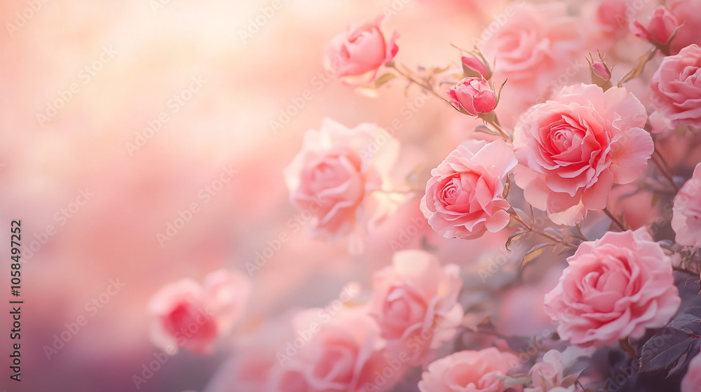 Delicate pink roses bloom in a sunlit garden, creating a serene and romantic atmosphere Delicate pink roses bloom in a sunlit garden, creating a serene and romantic atmosphere