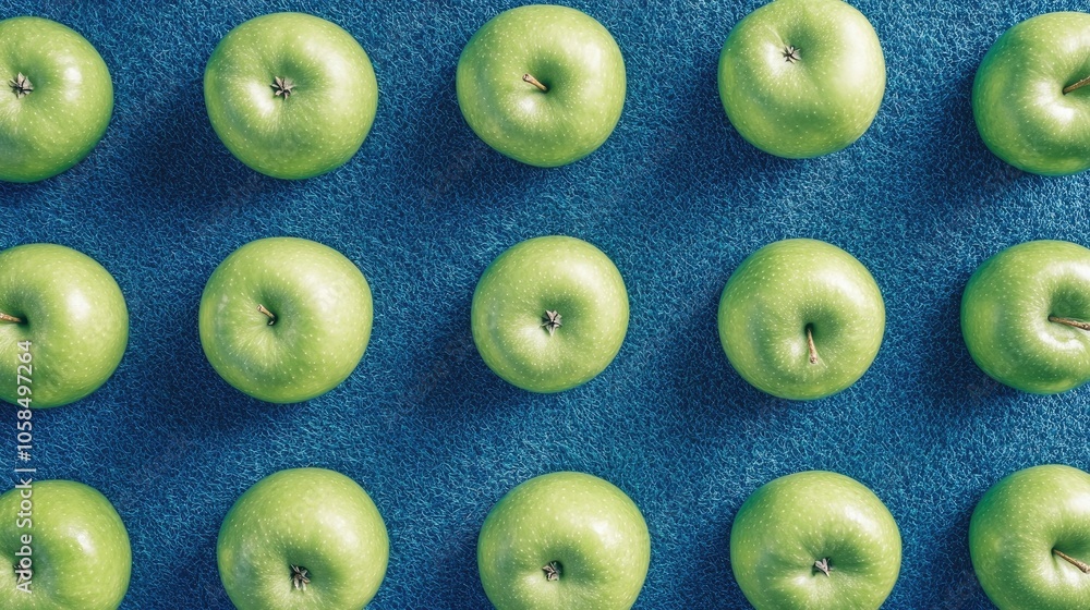 Fresh green apples arranged on blue turf create a striking, minimal composition. The green apples pop against the blue turf, enhancing the visual appeal and providing ample copy space. Fresh green apples arranged on blue turf create a striking, minimal composition. The green apples pop against the blue turf, enhancing the visual appeal and providing ample copy space.