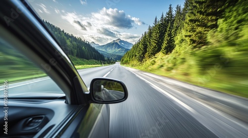 mountain highway stretching into distance, car door and side mirror visible, blurred road lines conveying motion, lush green coniferous forest, blue sky with scattered clouds, open road journey