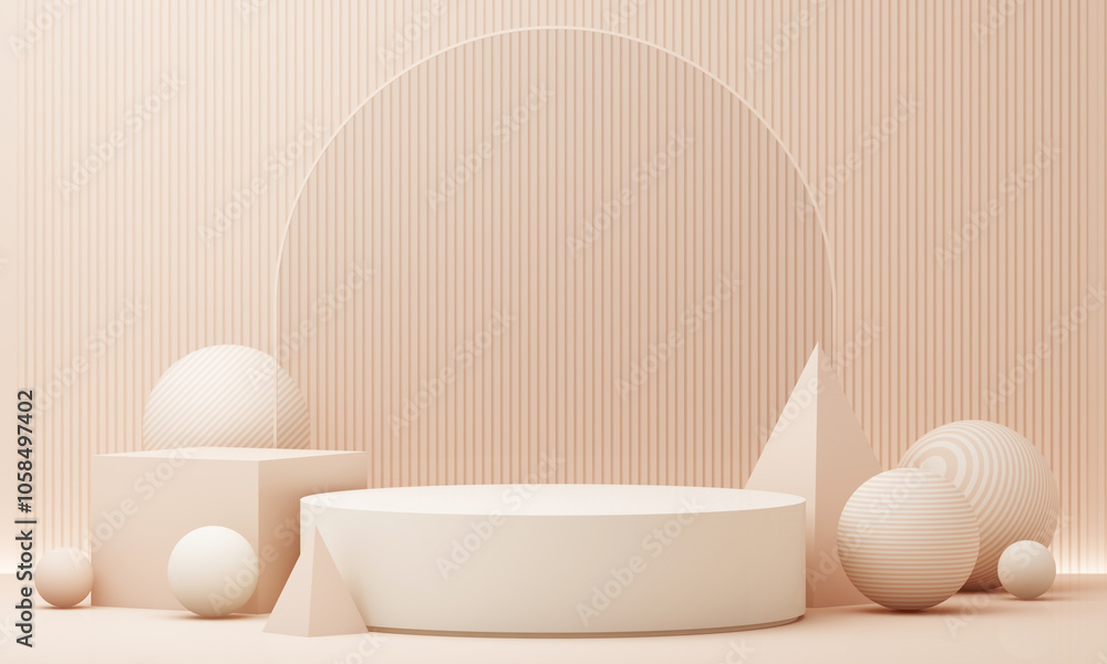 Modern minimalist product stand featuring geometric shapes including spheres, cubes, and cones in warm, neutral tones against a soft striped backdrop, ideal for elegant product displays. 3d rendering Modern minimalist product stand featuring geometric shapes including spheres, cubes, and cones in warm, neutral tones against a soft striped backdrop, ideal for elegant product displays. 3d rendering