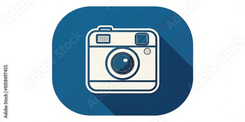 A Stylized Illustration of a Vintage Camera on a Blue Background with a Long Shadow