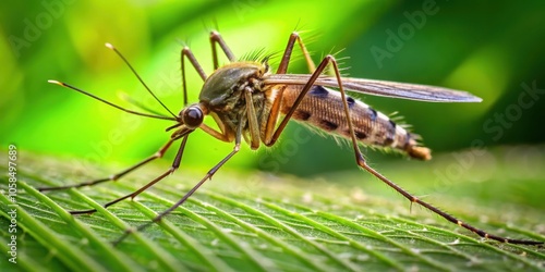 A Macro View of a Mosquito Perched on a Green Leaf, Its Tiny Details Revealed in Stunning Clarity