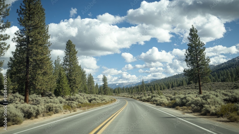 Naklejka premium scenic drive through sierra nevada landscape, first-person view from moving vehicle, evergreen trees lining roadside, expansive sky with fluffy clouds, sense of speed and adventure