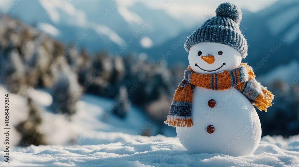 Fototapeta premium Snowman with a woolen scarf and hat, with a snowy mountain backdrop and room on the left for copy space.