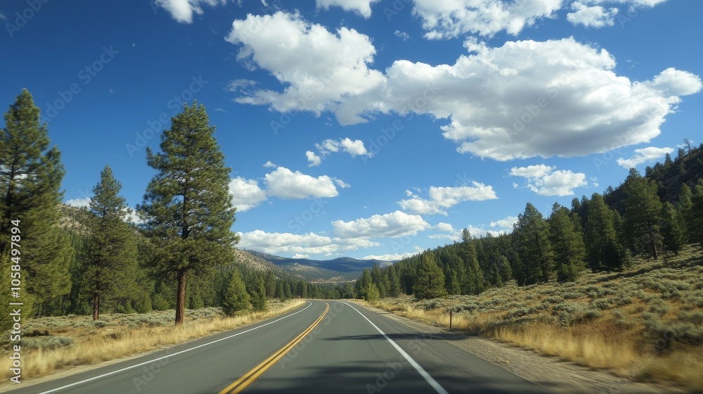 Naklejka premium scenic drive through sierra nevada landscape, first-person view from moving vehicle, evergreen trees lining roadside, expansive sky with fluffy clouds, sense of speed and adventure