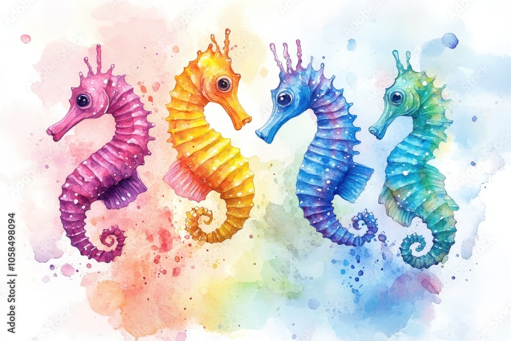 Fototapeta premium Four Watercolor Seahorses on a Rainbow Background