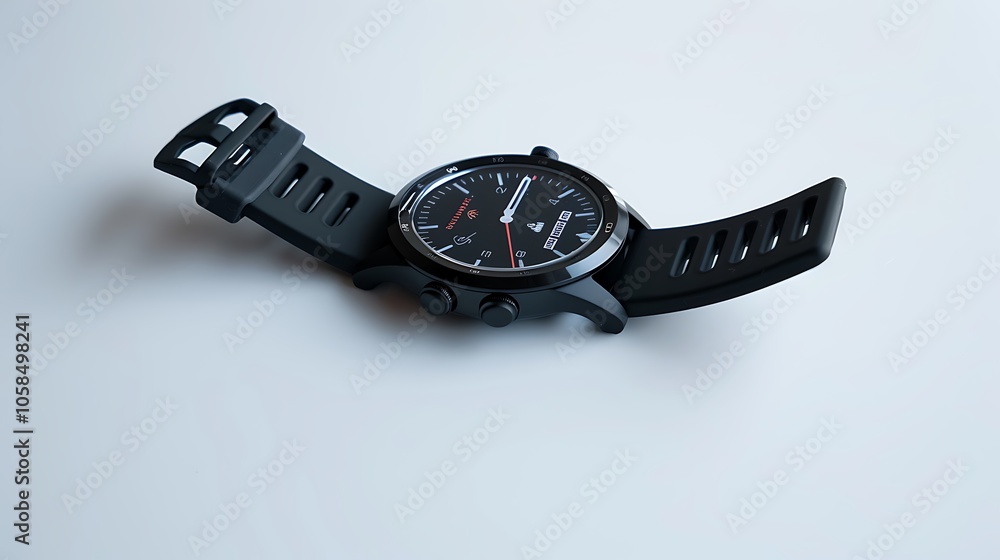 A smartwatch with a black strap placed on a pristine white surface. A smartwatch with a black strap placed on a pristine white surface.