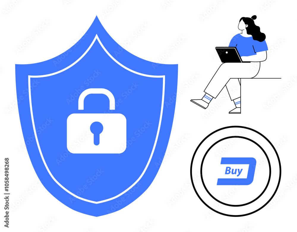 Obraz premium Large blue shield with a padlock, woman using a laptop, and a Buy button icon. Ideal for cybersecurity, online protection, e-commerce, secure transactions, digital safety, data privacy, and online