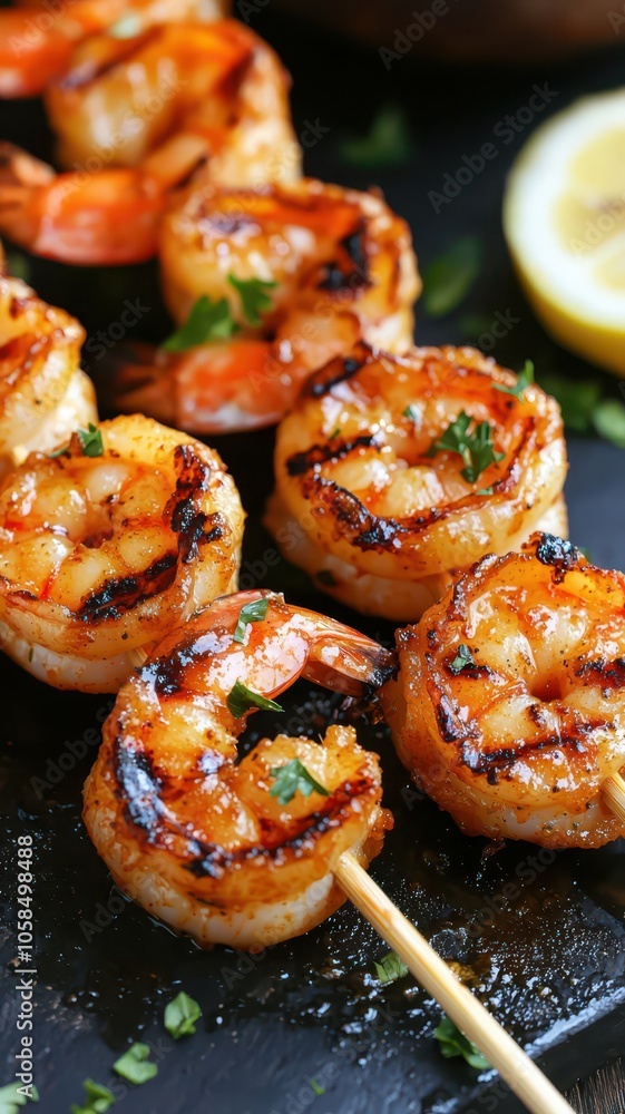 Delicious garlic butter glazed shrimp skewers served with fresh lemon, perfect for any seafood lover's feast. Delicious garlic butter glazed shrimp skewers served with fresh lemon, perfect for any seafood lover's feast.