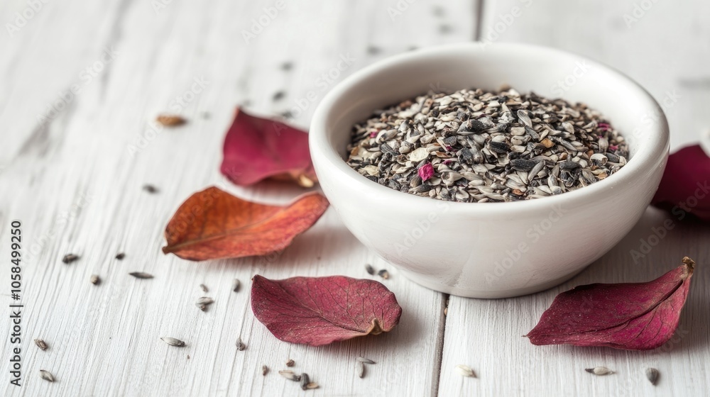 Closeup of a white bowl filled with bird seed, complemented by dried rose cold leaves, set against an aged white wooden background. Retro vintage style with selective soft focus and ample copy space. Closeup of a white bowl filled with bird seed, complemented by dried rose cold leaves, set against an aged white wooden background. Retro vintage style with selective soft focus and ample copy space.