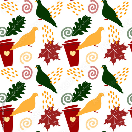 Vector seamless autmn pattern with  leaves, coffee to go and birds on a white background. Trendy autmn print