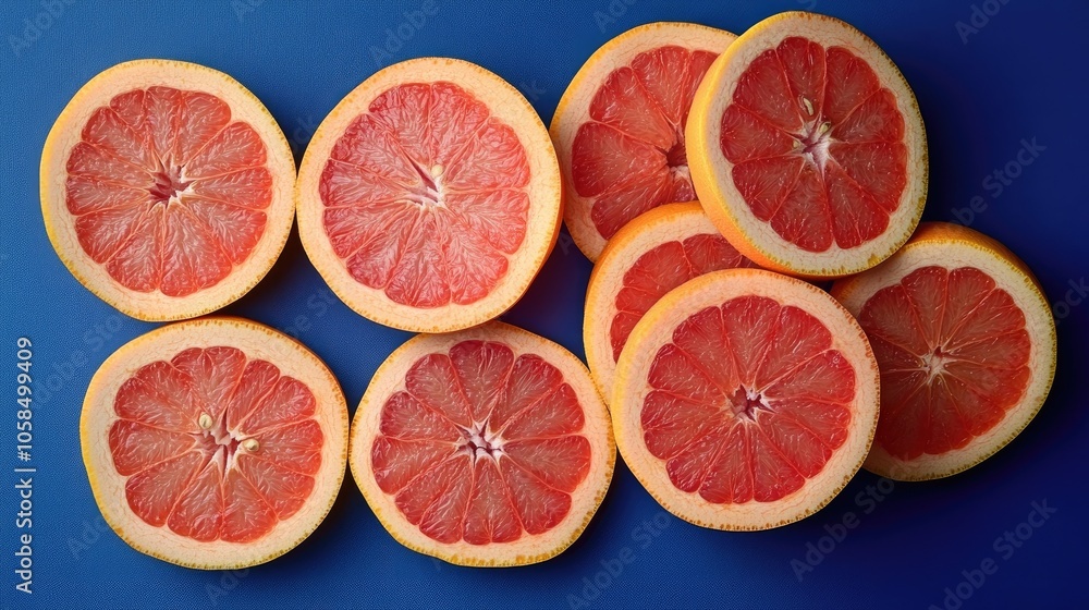 A collection of pink grapefruit slices arranged against a vibrant blue background, highlighting the fresh and juicy texture of the pink grapefruit. Ideal for food photography with ample copy space. A collection of pink grapefruit slices arranged against a vibrant blue background, highlighting the fresh and juicy texture of the pink grapefruit. Ideal for food photography with ample copy space.