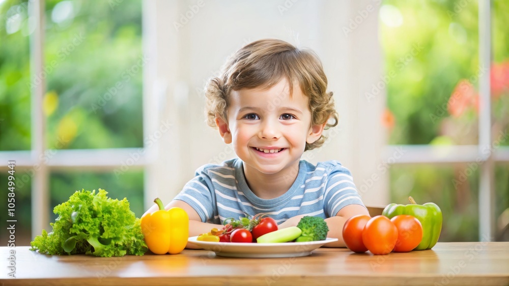 Joyful child with healthy meal at table in sunlit room Joyful child with healthy meal at table in sunlit room