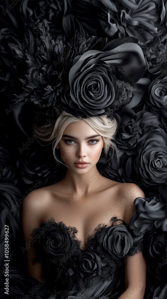 Fototapeta premium A woman is wearing a black dress with a flowery design and a black hat. She is standing in front of a wall of black roses