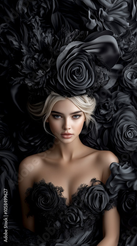 A woman is wearing a black dress with a flowery design and a black hat. She is standing in front of a wall of black roses