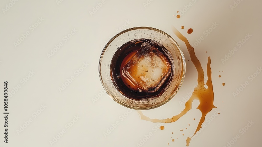 A glass of iced coffee viewed from above on a simple white table, with subtle coffee ring stains around the glass. A glass of iced coffee viewed from above on a simple white table, with subtle coffee ring stains around the glass.