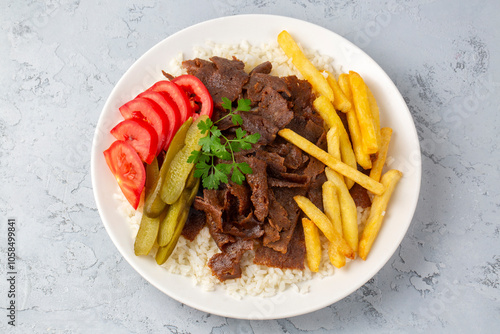 Фотография Meat doner menu, iskender menu on plate, turkish special meat doner, food, speci