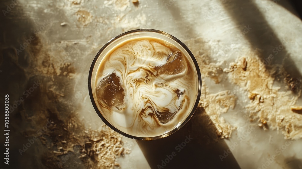 Focused overhead shot of iced coffee with milk swirling, on a table with faint sunlight creating an elegant composition. Focused overhead shot of iced coffee with milk swirling, on a table with faint sunlight creating an elegant composition.