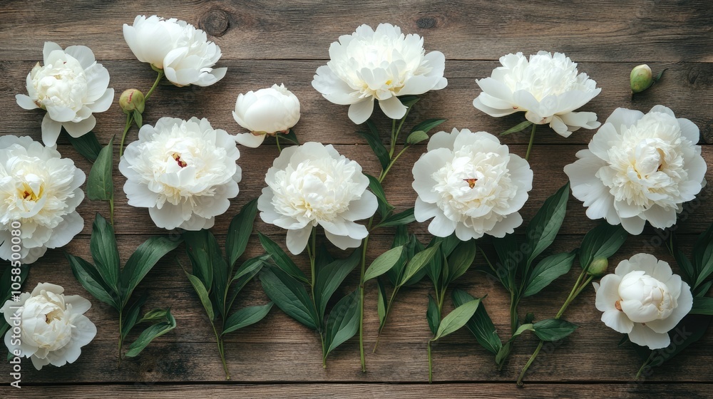 Flat lay of white peonies arranged beautifully on a wooden background, highlighting the elegance of white peonies in a natural, serene setting with ample copy space. Flat lay of white peonies arranged beautifully on a wooden background, highlighting the elegance of white peonies in a natural, serene setting with ample copy space.