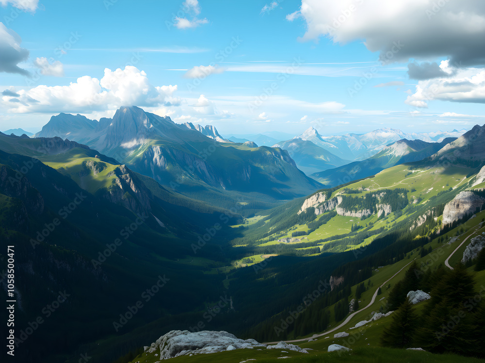 Panoramic view of majestic mountain range with lush valleys Panoramic view of majestic mountain range with lush valleys
