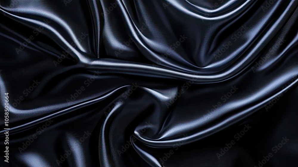 Fototapeta premium Abstract twisted silk background in black creates an intriguing visual experience, with rich textures and a sense of depth, perfect for various design applications. Ample copy space is available.