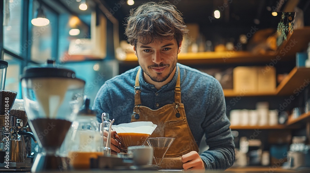 Man Making Coffee in a Modern Coffee Shop Studio, Morning Routine, European Man Making Coffee in a Modern Coffee Shop Studio, Morning Routine, European