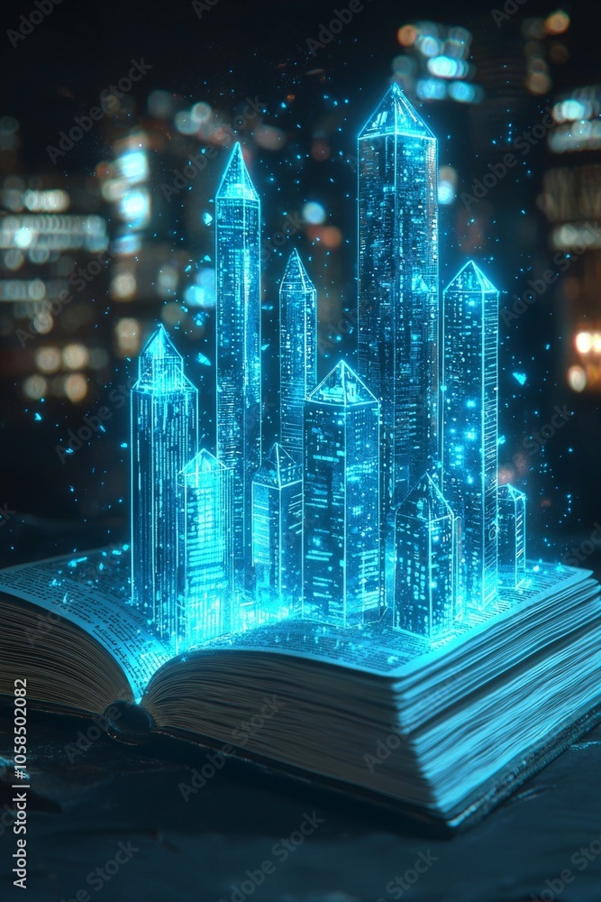 Obraz premium An open book with glowing digital skyscrapers emerging from its pages, representing the fusion of traditional and modern learning styles. 