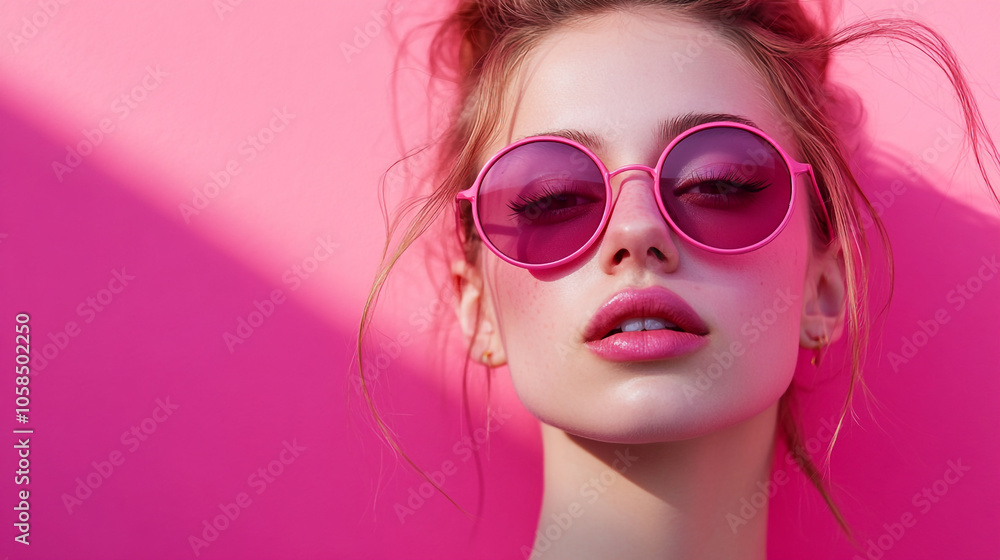 Portrait of a young woman wearing pink sunglasses against a vibrant pink background in natural light Portrait of a young woman wearing pink sunglasses against a vibrant pink background in natural light