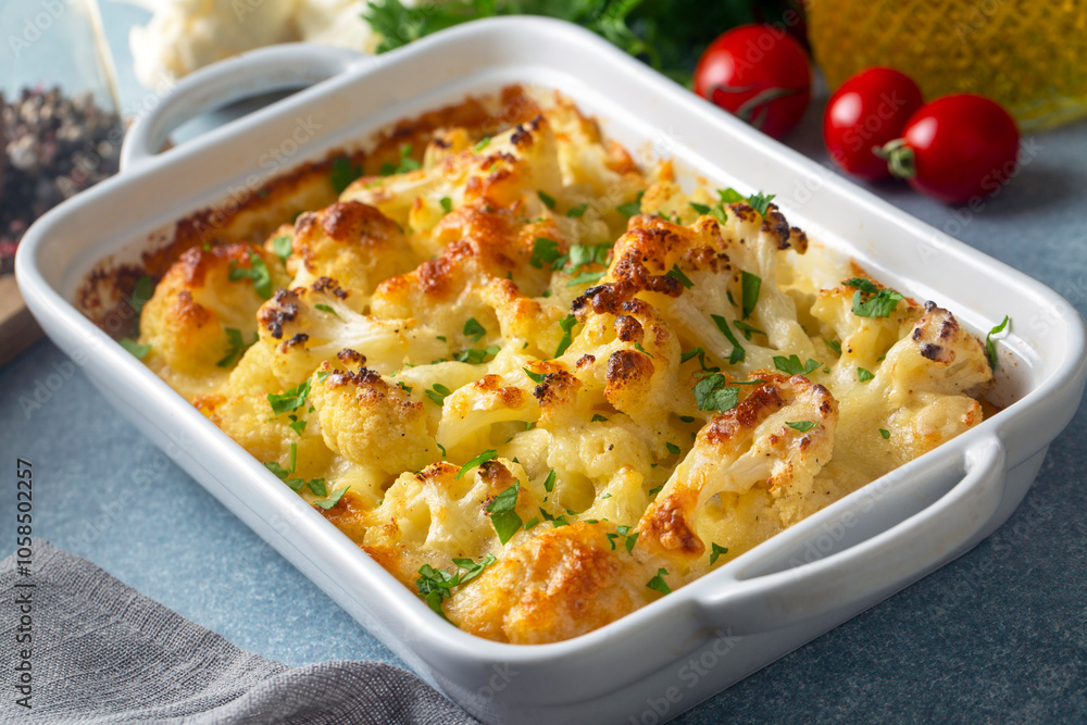 Casserole Cauliflower - Cauliflower gratin with bechamel sauce with parsley