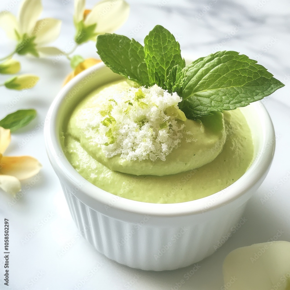 A creamy avocado and lime mousse topped with fresh mint leaves, served in a white ramekin, Mousse centered with a light dusting of lime zest A creamy avocado and lime mousse topped with fresh mint leaves, served in a white ramekin, Mousse centered with a light dusting of lime zest