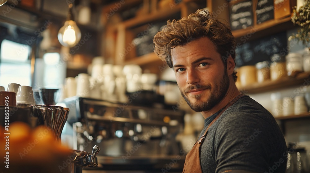 Man Making Coffee in a Modern Coffee Shop Studio, Morning Routine, European Man Making Coffee in a Modern Coffee Shop Studio, Morning Routine, European