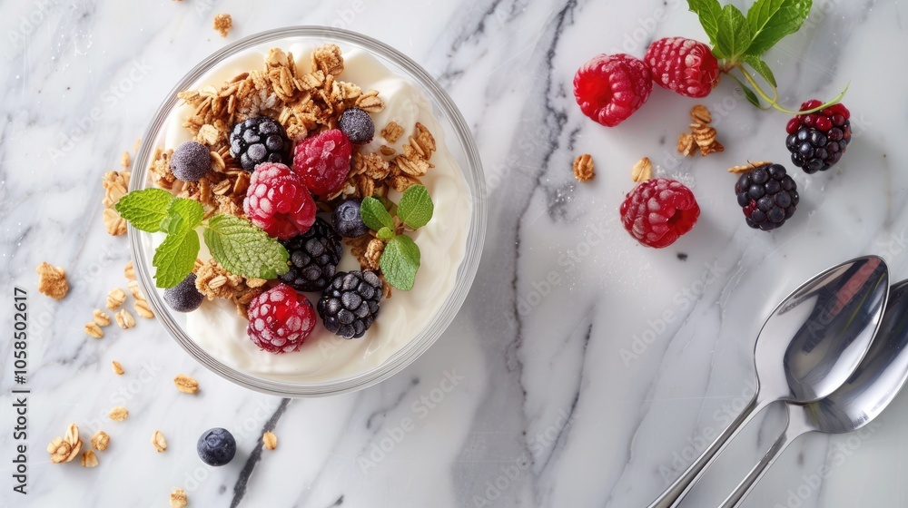Nourishing breakfast with granola, yogurt, and berries on marble surface. Nourishing breakfast with granola, yogurt, and berries on marble surface.