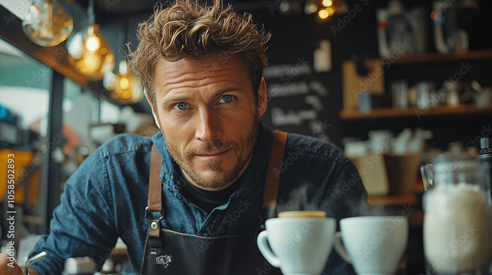 Man Making Coffee in a Modern Coffee Shop Studio, Morning Routine, European Man Making Coffee in a Modern Coffee Shop Studio, Morning Routine, European