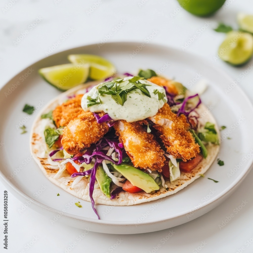 A crispy and golden fish taco with shredded cabbage, avocado, and a zesty lime crema A crispy and golden fish taco with shredded cabbage, avocado, and a zesty lime crema
