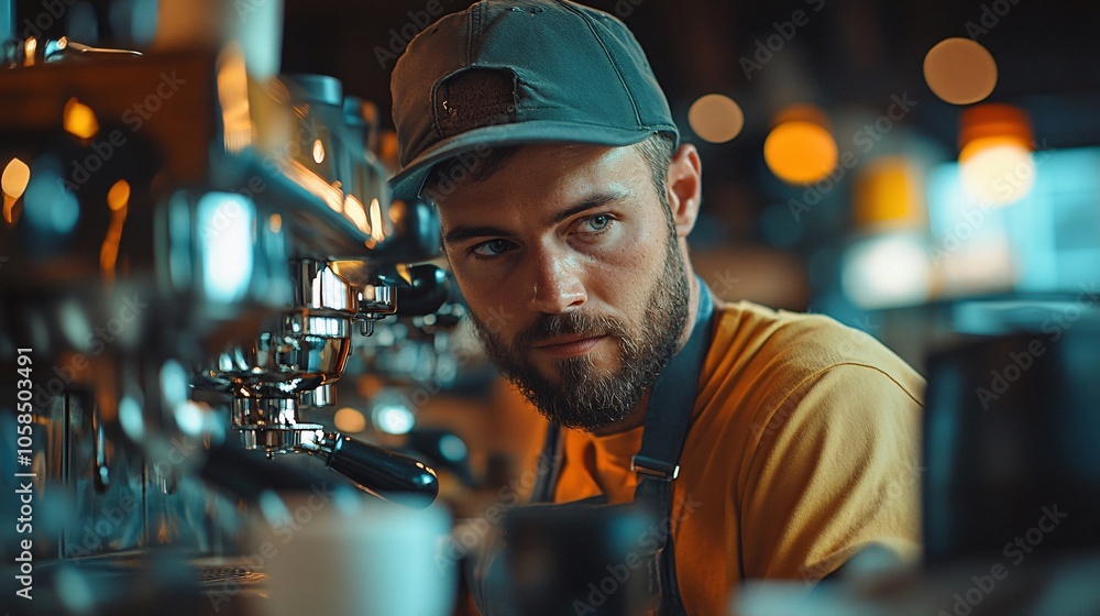 Man Making Coffee in a Modern Coffee Shop Studio, Morning Routine, European Man Making Coffee in a Modern Coffee Shop Studio, Morning Routine, European
