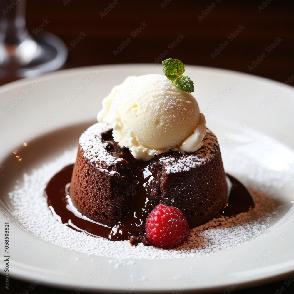A decadent and rich chocolate lava cake with a gooey center and a scoop of vanilla ice cream, served on a white plate, Cake centered with a light dusting of cocoa powder A decadent and rich chocolate lava cake with a gooey center and a scoop of vanilla ice cream, served on a white plate, Cake centered with a light dusting of cocoa powder