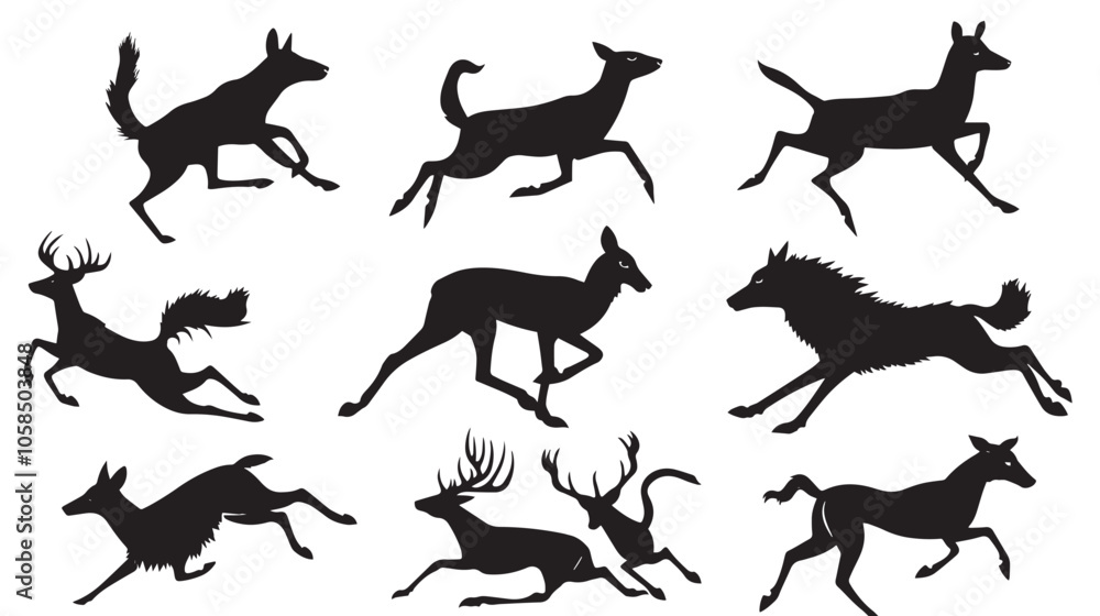 Fototapeta premium Collection of running animal silhouettes , black silhouettes isolated on white background