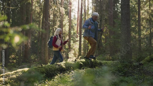 Senior couple enjoy Nordic walking with sticks on pathway in forest. Elderly positive man and woman stroll actively due to health caring. Energetic retirement marital pair smiling and admiring nature