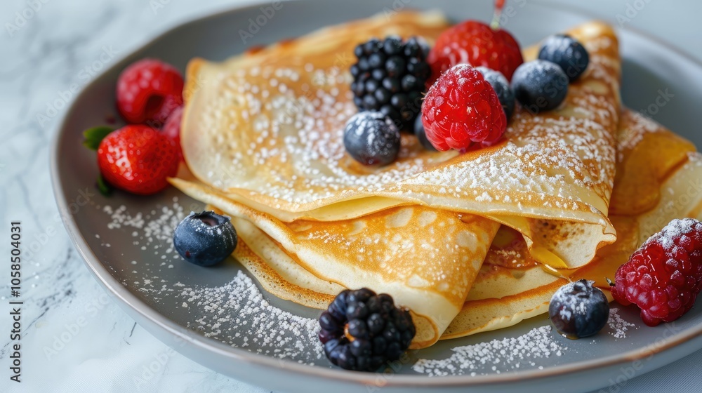 Stack of homemade crepes with berries and honey for breakfast. Stack of homemade crepes with berries and honey for breakfast.