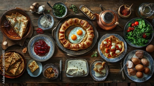 Turkish breakfast. Flat-lay of family eating pastry, vegetables, greens, cheeses, fried eggs, jams from oriental tableware, tea in copper pot and tulip glasses over rustic wooden background, top view