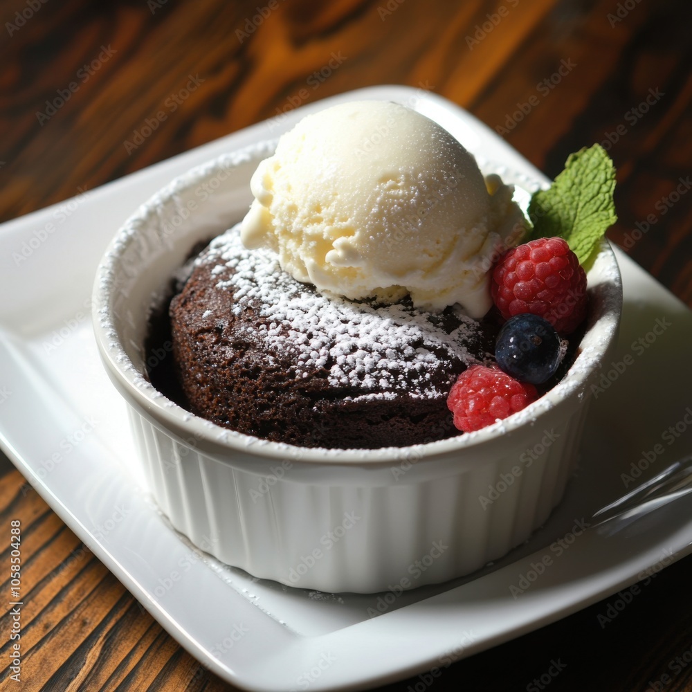 A decadent chocolate lava cake with a gooey center, served with a scoop of vanilla ice cream, placed in a white ramekin A decadent chocolate lava cake with a gooey center, served with a scoop of vanilla ice cream, placed in a white ramekin