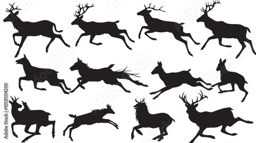 Collection of running animal silhouettes , black silhouettes isolated on white background