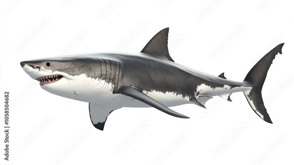 A 3D rendering of a great white shark swimming gracefully in the ocean. A 3D rendering of a great white shark swimming gracefully in the ocean.